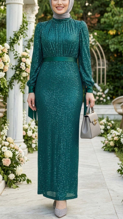Elegant Belted Sequined Gown