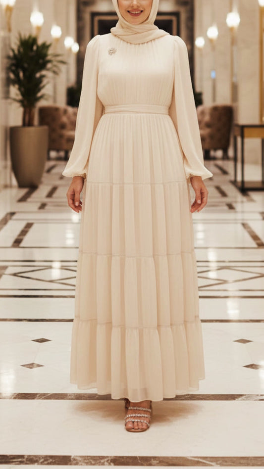 Silk Chiffon Layered Pleated Gown with Brooch