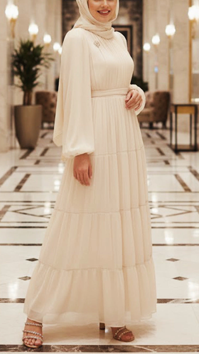 Silk Chiffon Layered Pleated Gown with Brooch