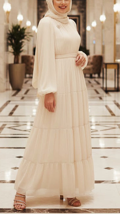 Silk Chiffon Layered Pleated Gown with Brooch