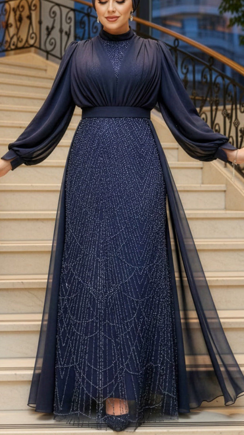 Elegant Chiffon & Sequined Waist Cape Gown