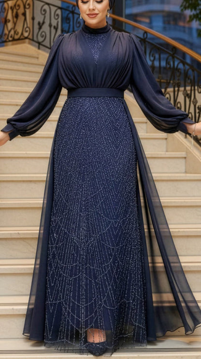 Elegant Chiffon & Sequined Waist Cape Gown