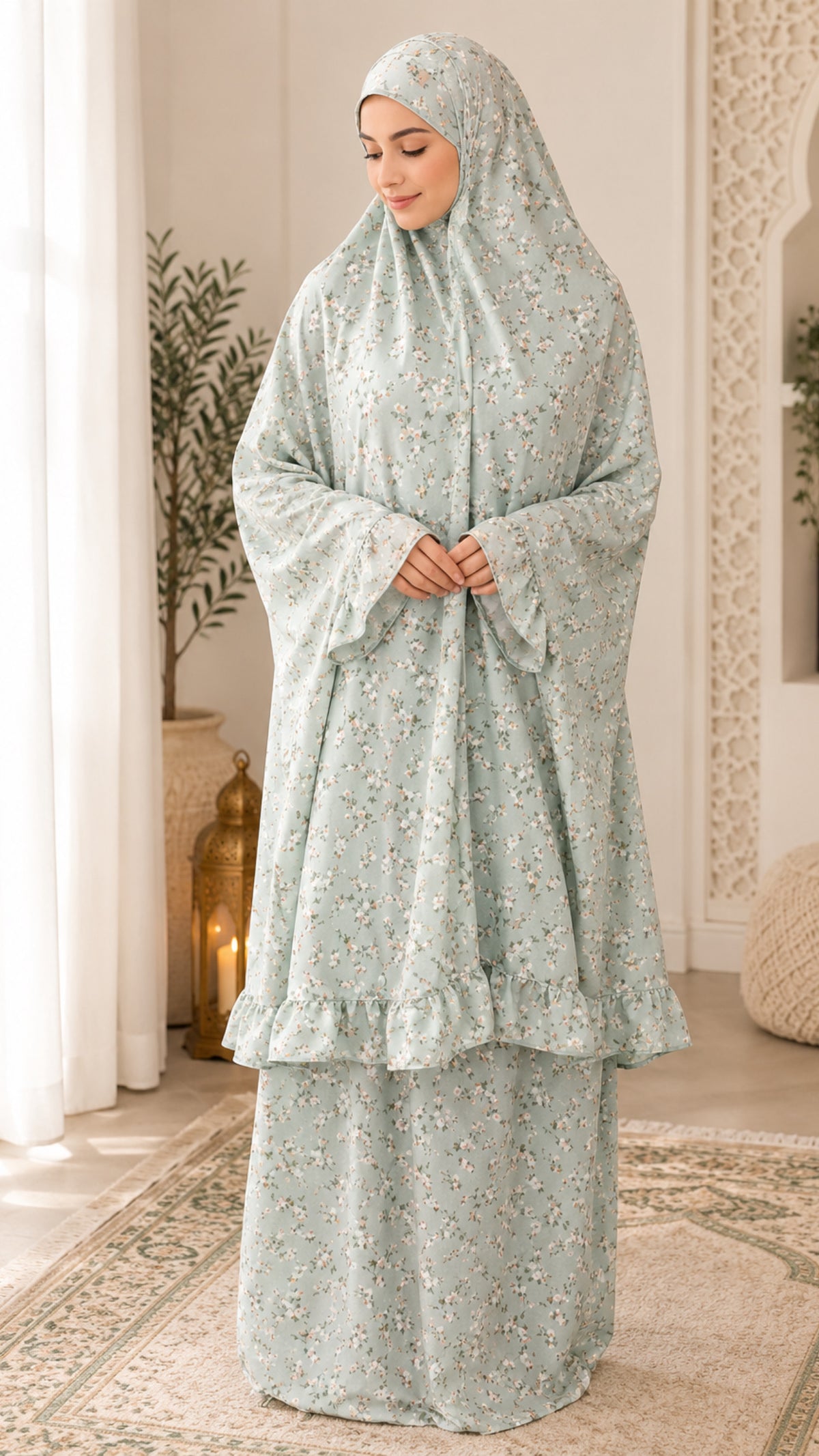 Green Floral Ruffle Prayer Skirt Set