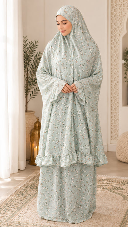 Green Floral Ruffle Prayer Skirt Set