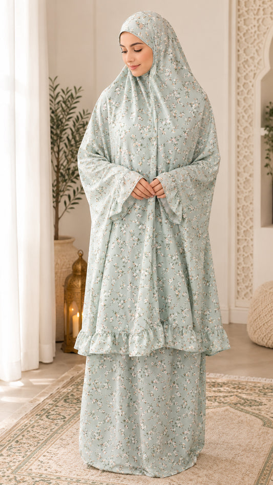 Green Floral Ruffle Prayer Skirt Set