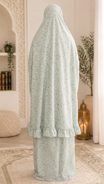 Green Floral Ruffle Prayer Skirt Set