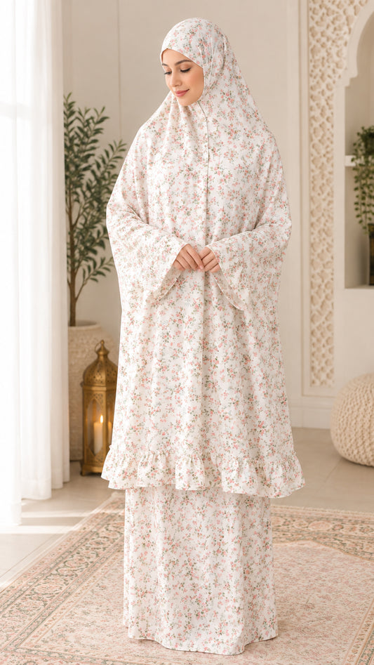 White Floral Ruffle Prayer Skirt Set