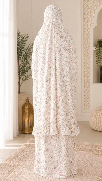 White Floral Ruffle Prayer Skirt Set