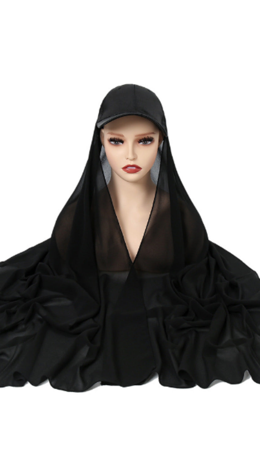 Baseball Cap Chiffon Hijab Scarf Attached(Multi Colors)