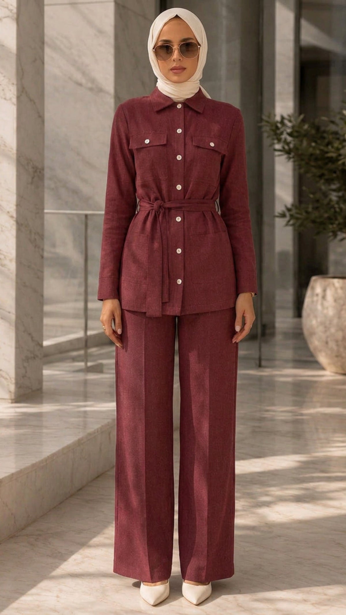 Denim Like Red Button-Down Multi Pocket Pant Suit with Belt