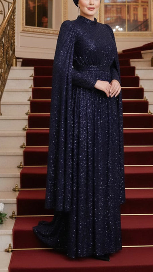 Sequined Cape Sleeve Gown
