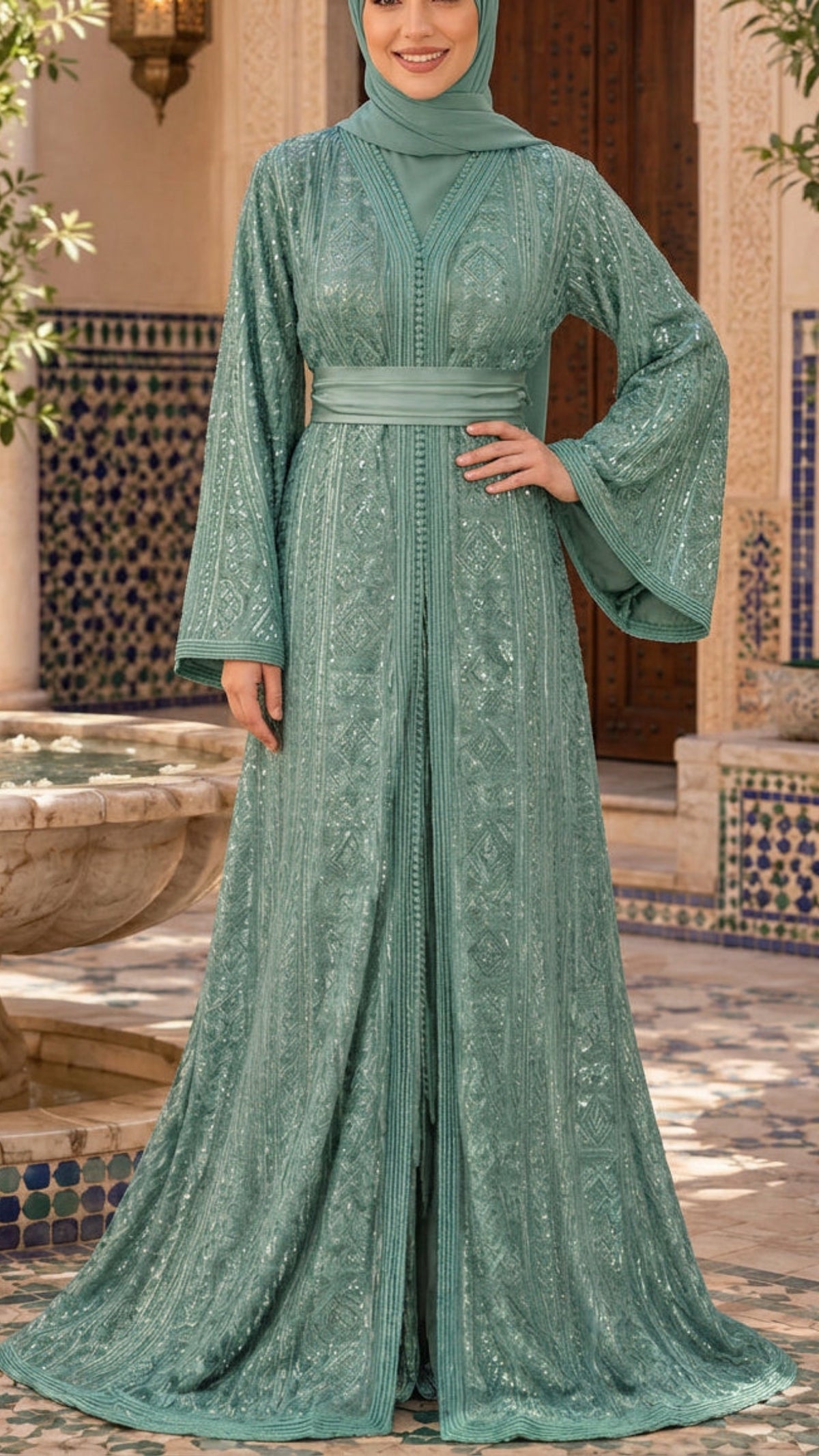 Traditional Teal Embroidered Moroccan Takchita