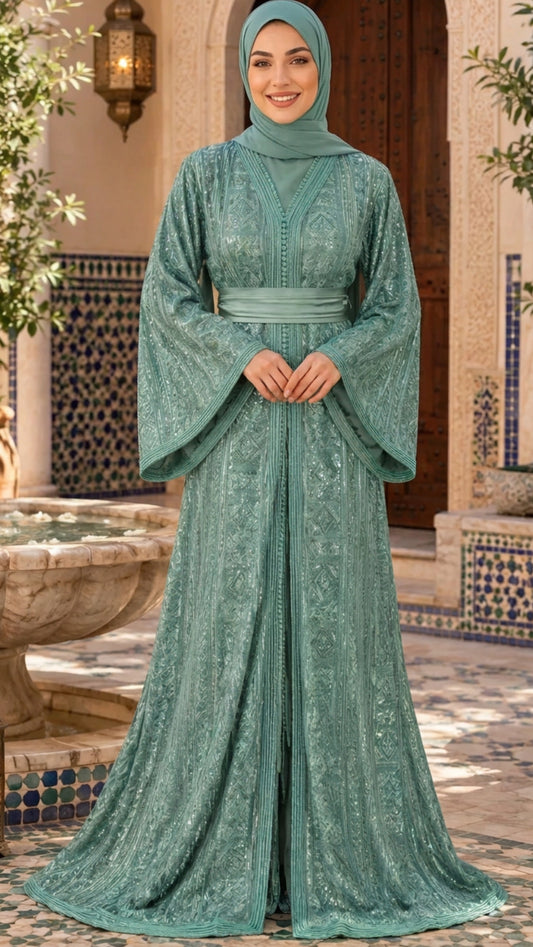 Traditional Teal Embroidered Moroccan Takchita