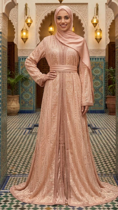 Traditional Peach Embroidered Moroccan Takchita