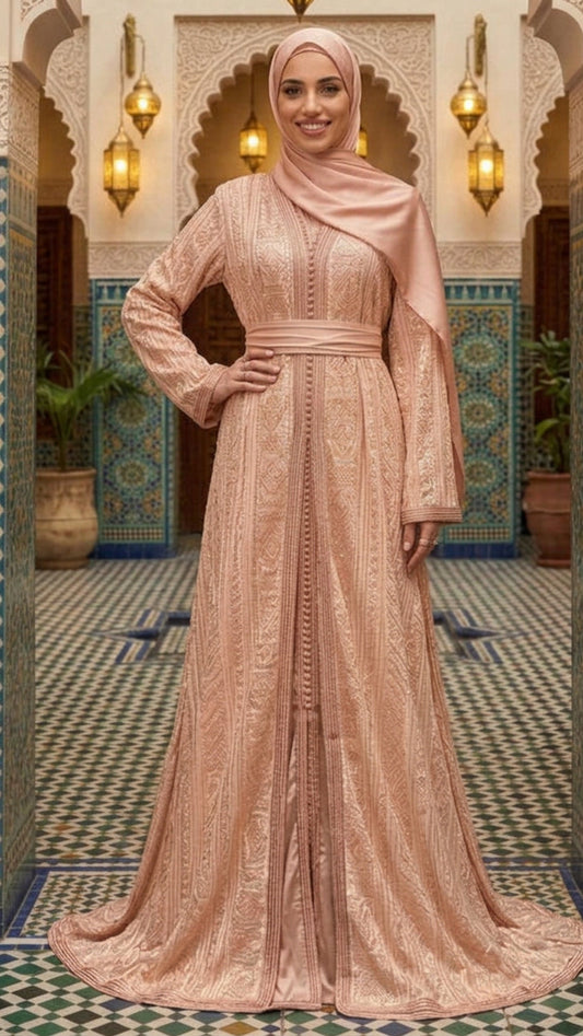 Traditional Peach Embroidered Moroccan Takchita