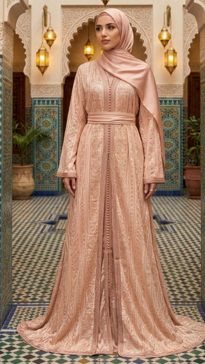 Traditional Peach Embroidered Moroccan Takchita