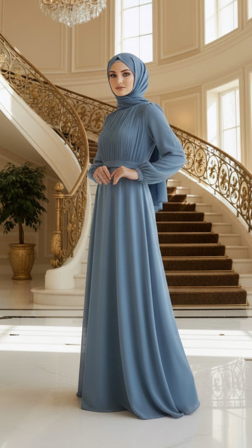 Silk Chiffon Belted Gown with Floral Brooch