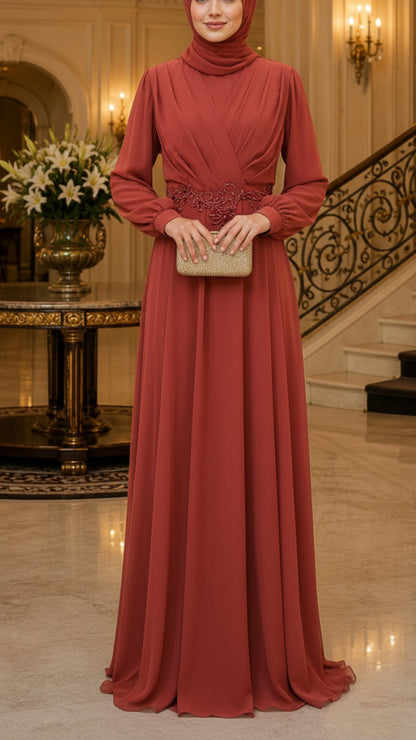 Embellished Floral Waist Drape Gown
