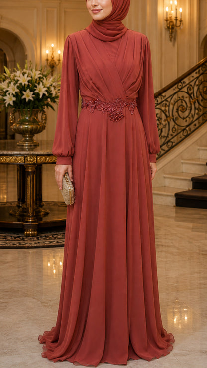 Embellished Floral Waist Drape Gown