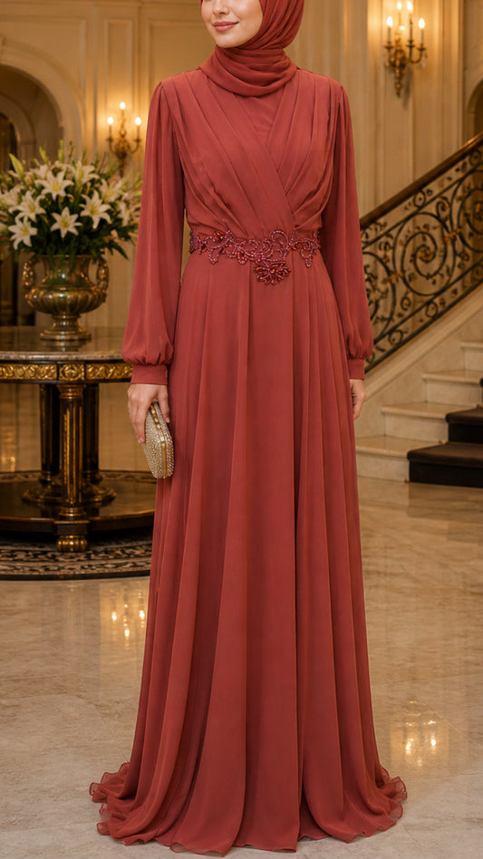 Embellished Floral Waist Drape Gown