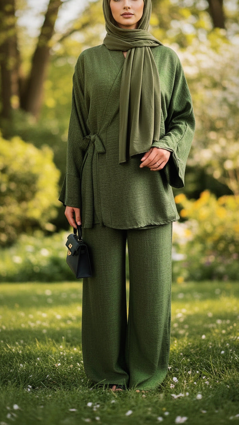 Belted Side Tie Kimono Style Pant Suit Set