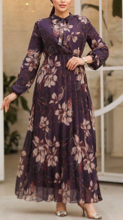 Turkish Floral Pleated Chiffon Dress