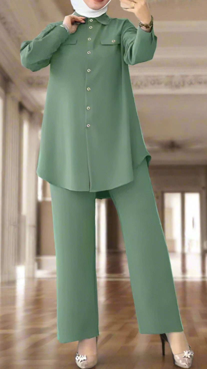 Turkish Style Button Down Crepe Pant Suits
