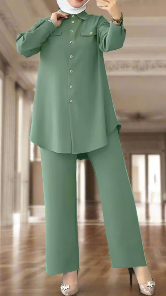 Turkish Style Button Down Crepe Pant Suits