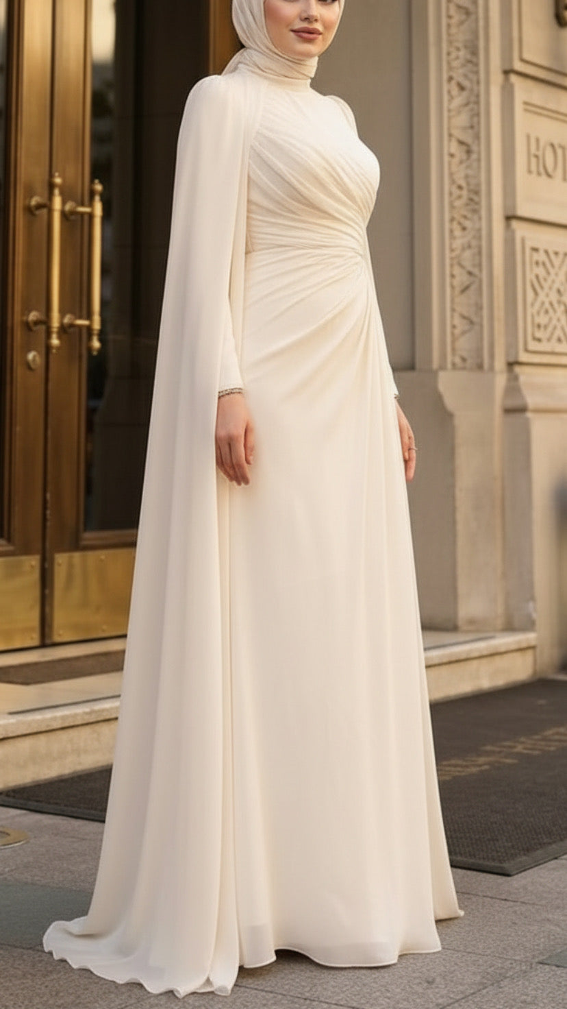 Elegant Silk Chiffon Draping Shoulder Cape Gown
