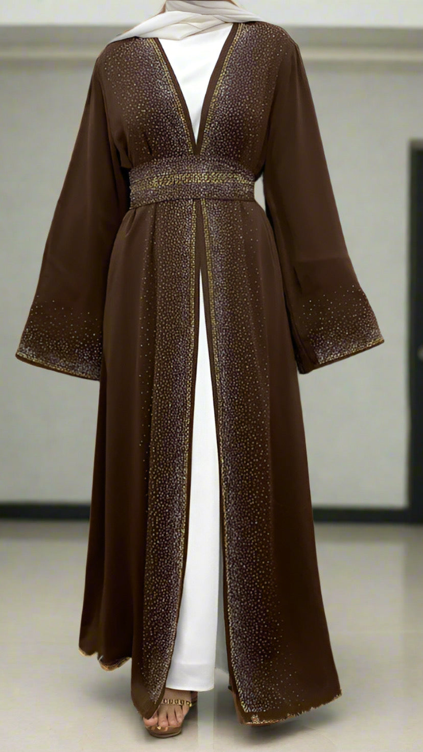 Dubai Style Nida Fabric Shimmer Abaya with Pockets Brown