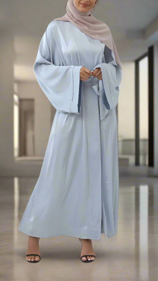 Elegant Baby Blue Satin Open Abaya with Pockets