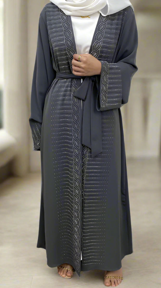 Dubai Style Nida Fabric Shimmer Abaya with Pockets Gray