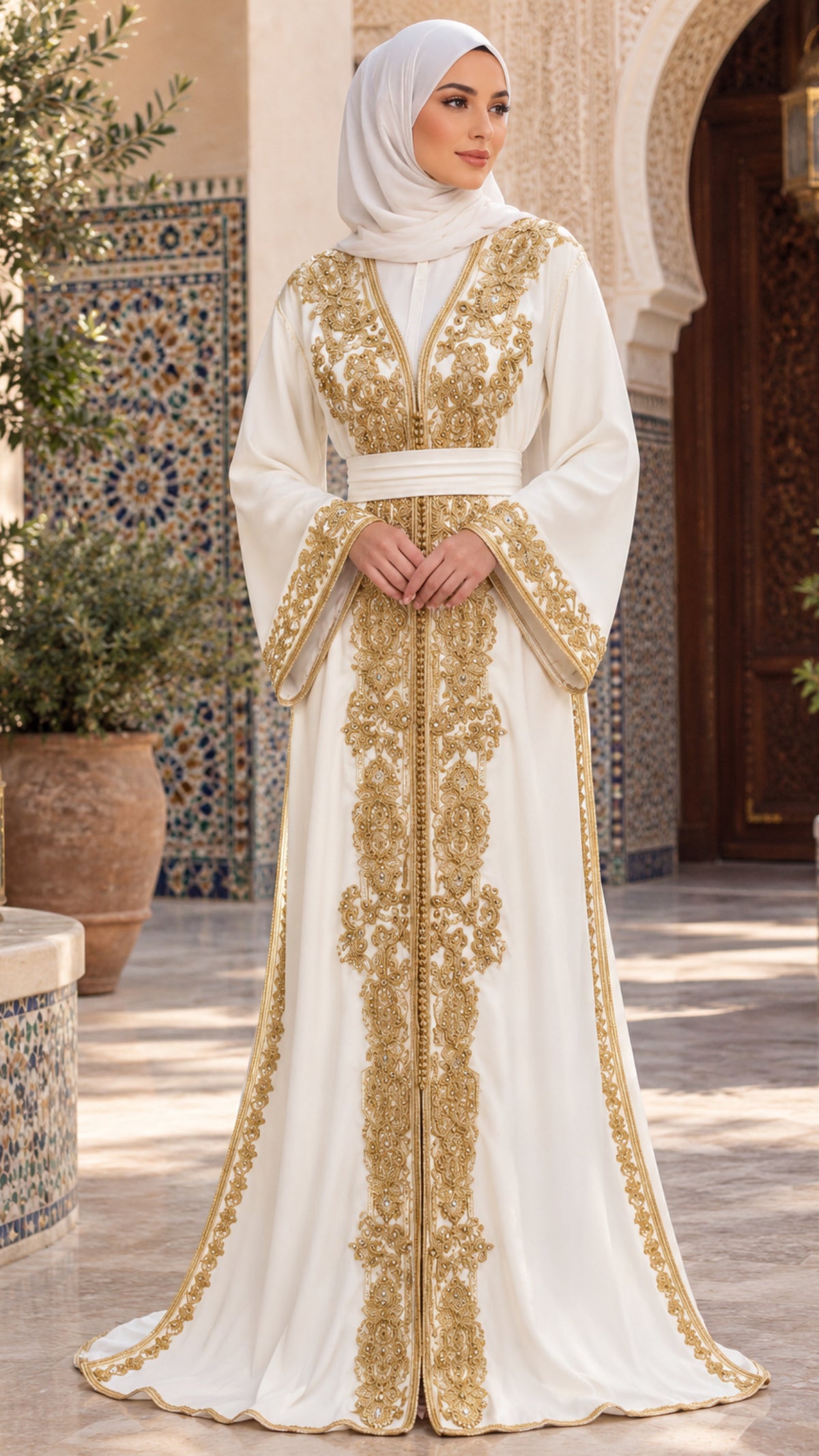 Moroccan Royal Ivory & Gold Caftan