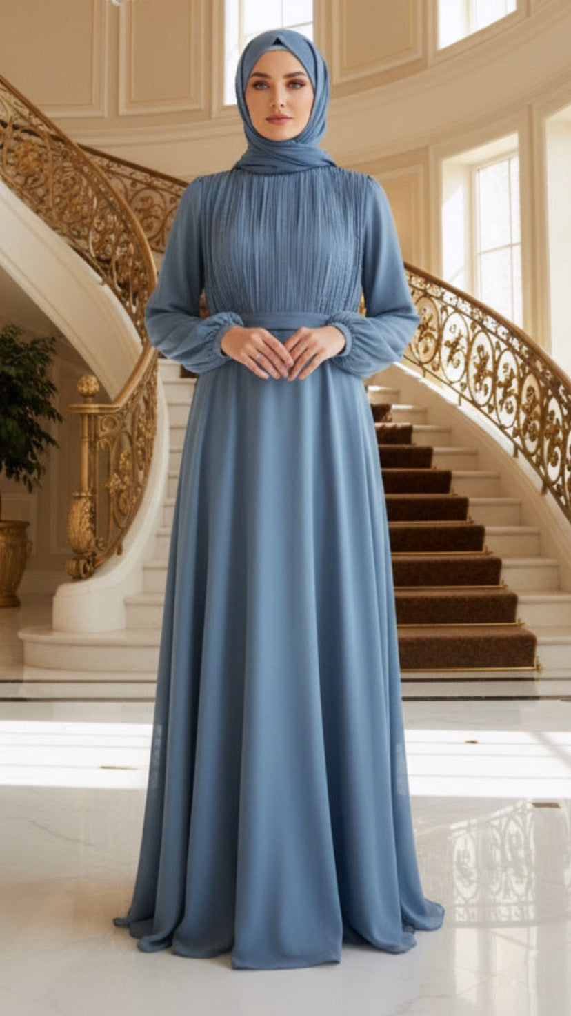 Silk Chiffon Belted Gown with Floral Brooch