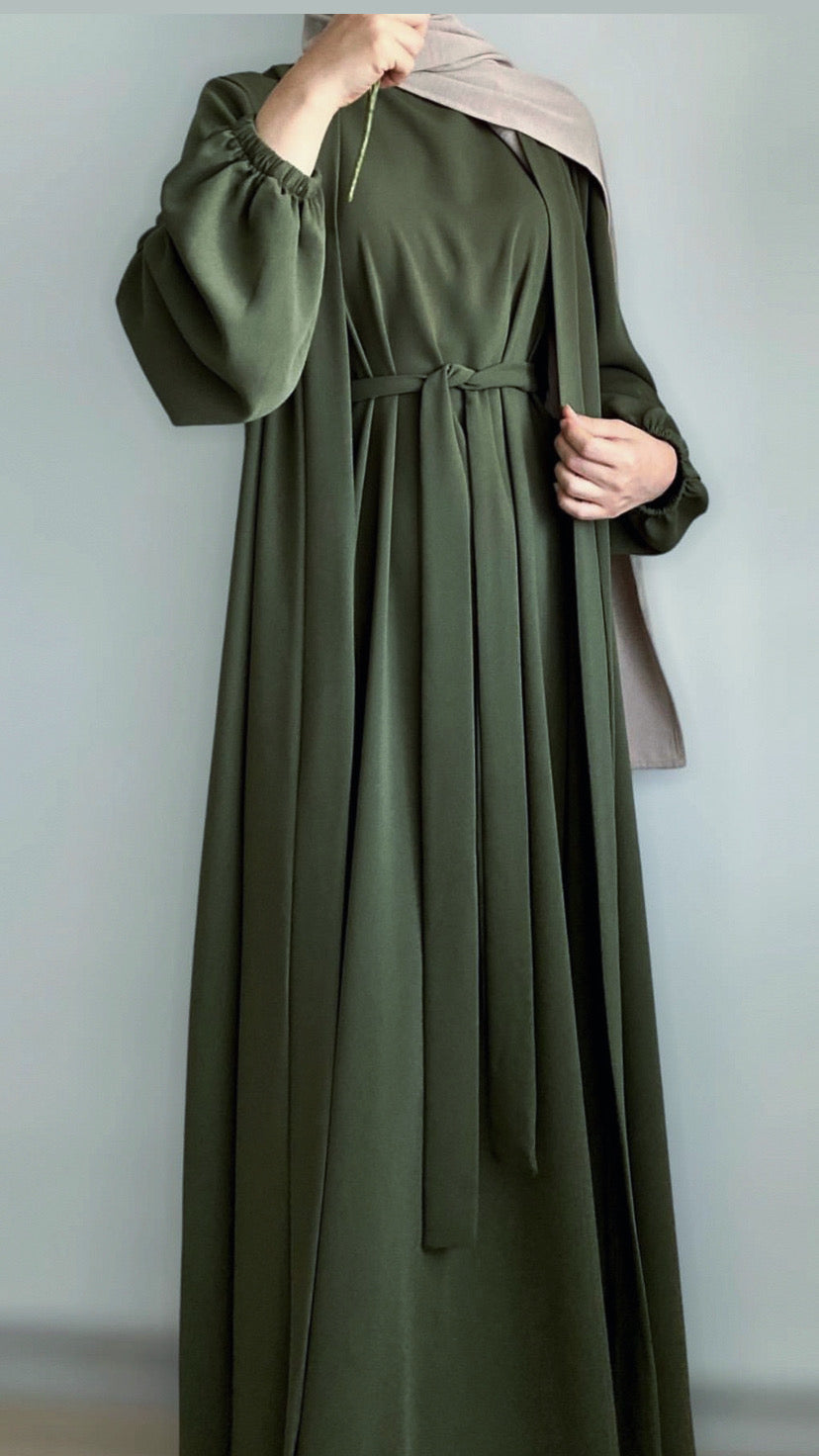 Dubai Style 2-Piece Belted Green Abaya Dress