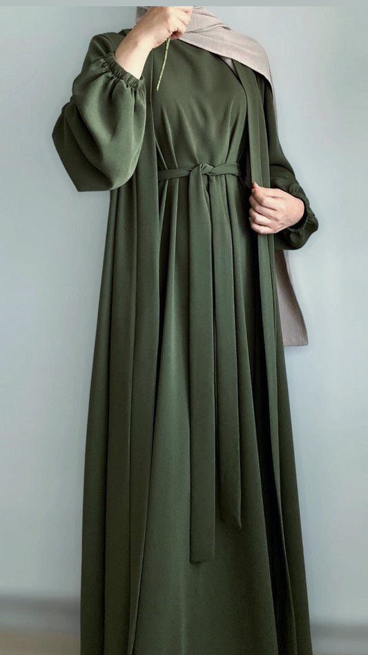 Dubai Style 2-Piece Belted Green Abaya Dress