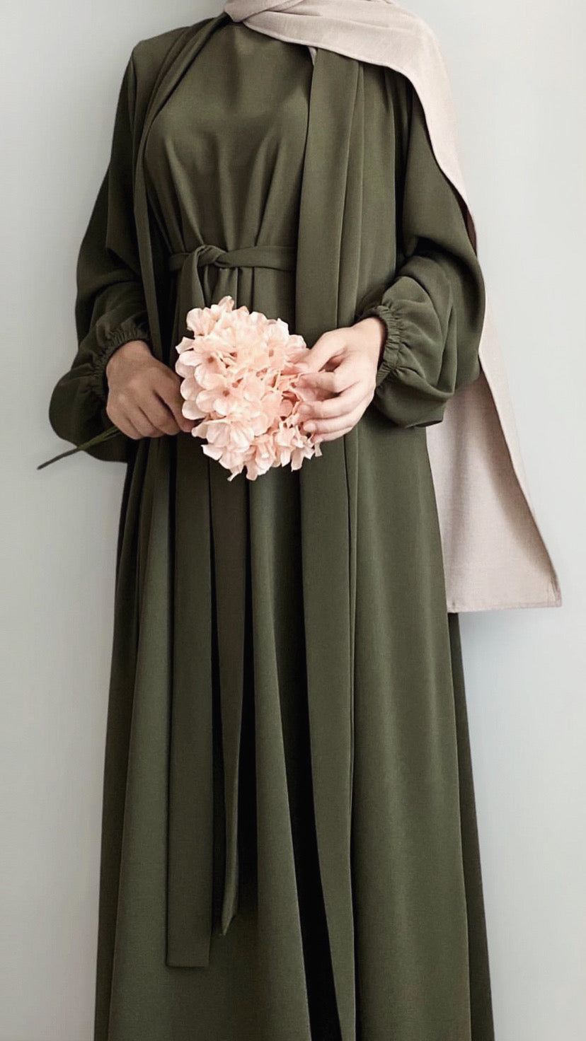 Dubai Style 2-Piece Belted Green Abaya Dress