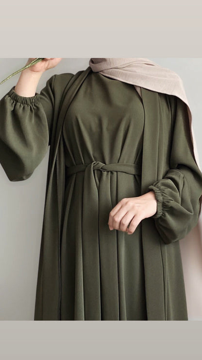 Dubai Style 2-Piece Belted Green Abaya Dress