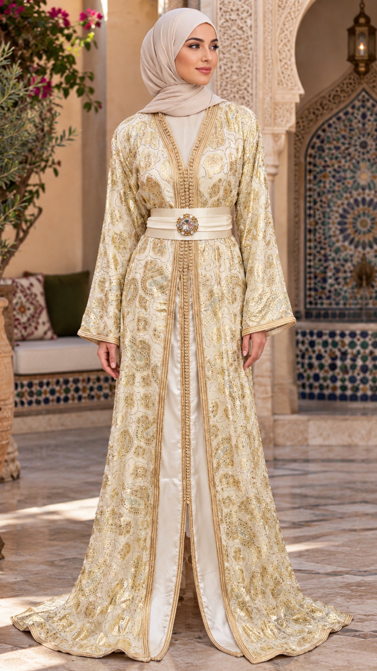Royal Ivory & Gold Paisley Moroccan Takchita