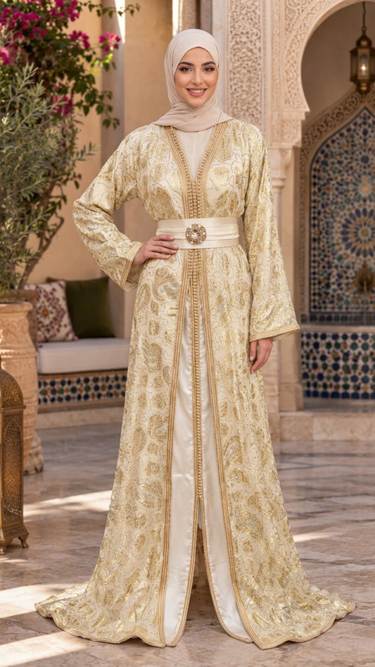 Royal Ivory & Gold Paisley Moroccan Takchita