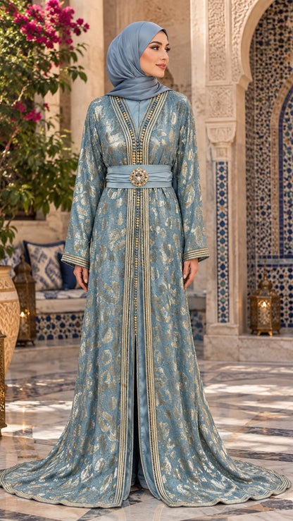 Royal Azure Blue & Gold Paisley Moroccan Takchita