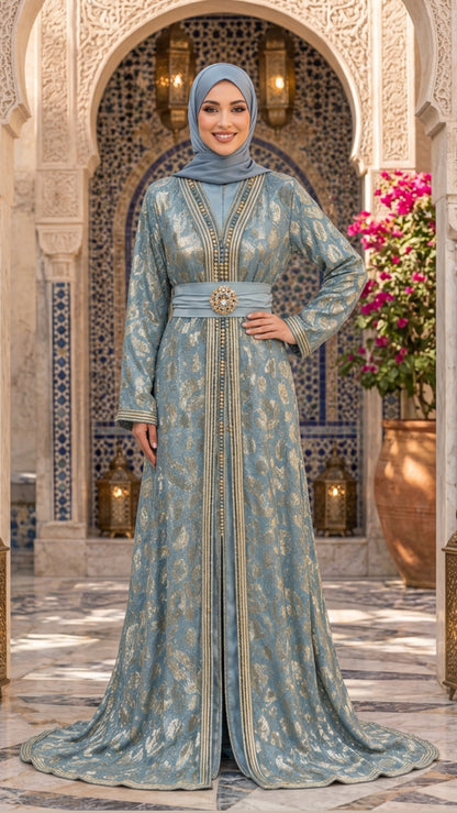 Royal Azure Blue & Gold Paisley Moroccan Takchita