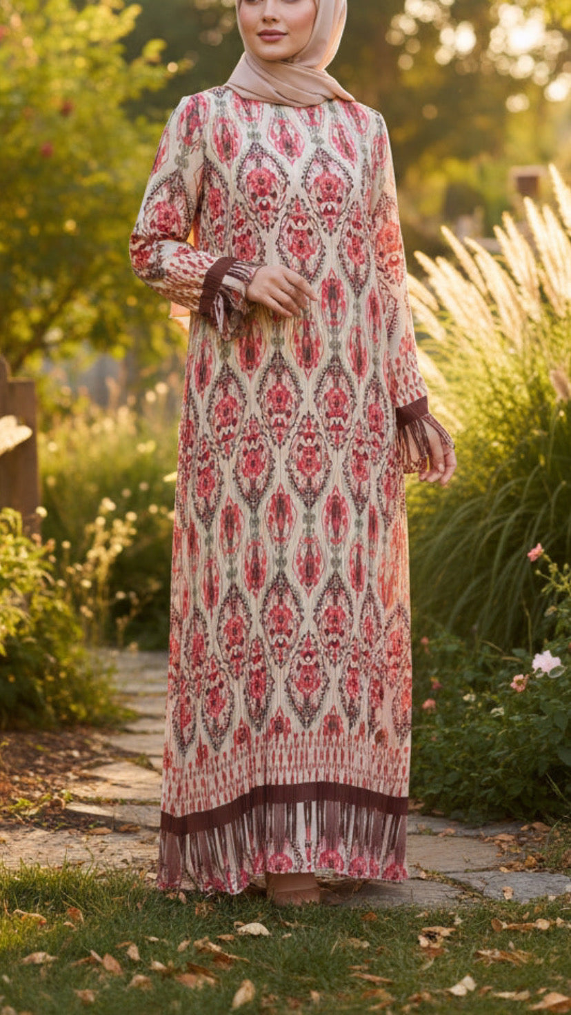 Floral Damask Pleated Chiffon Dress