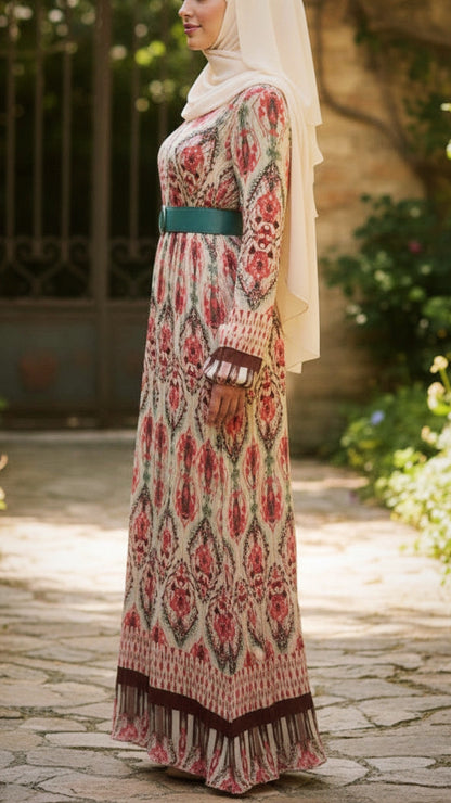 Floral Damask Pleated Chiffon Dress