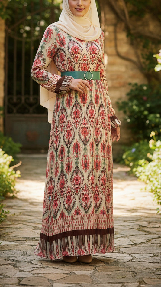 Floral Damask Pleated Chiffon Dress