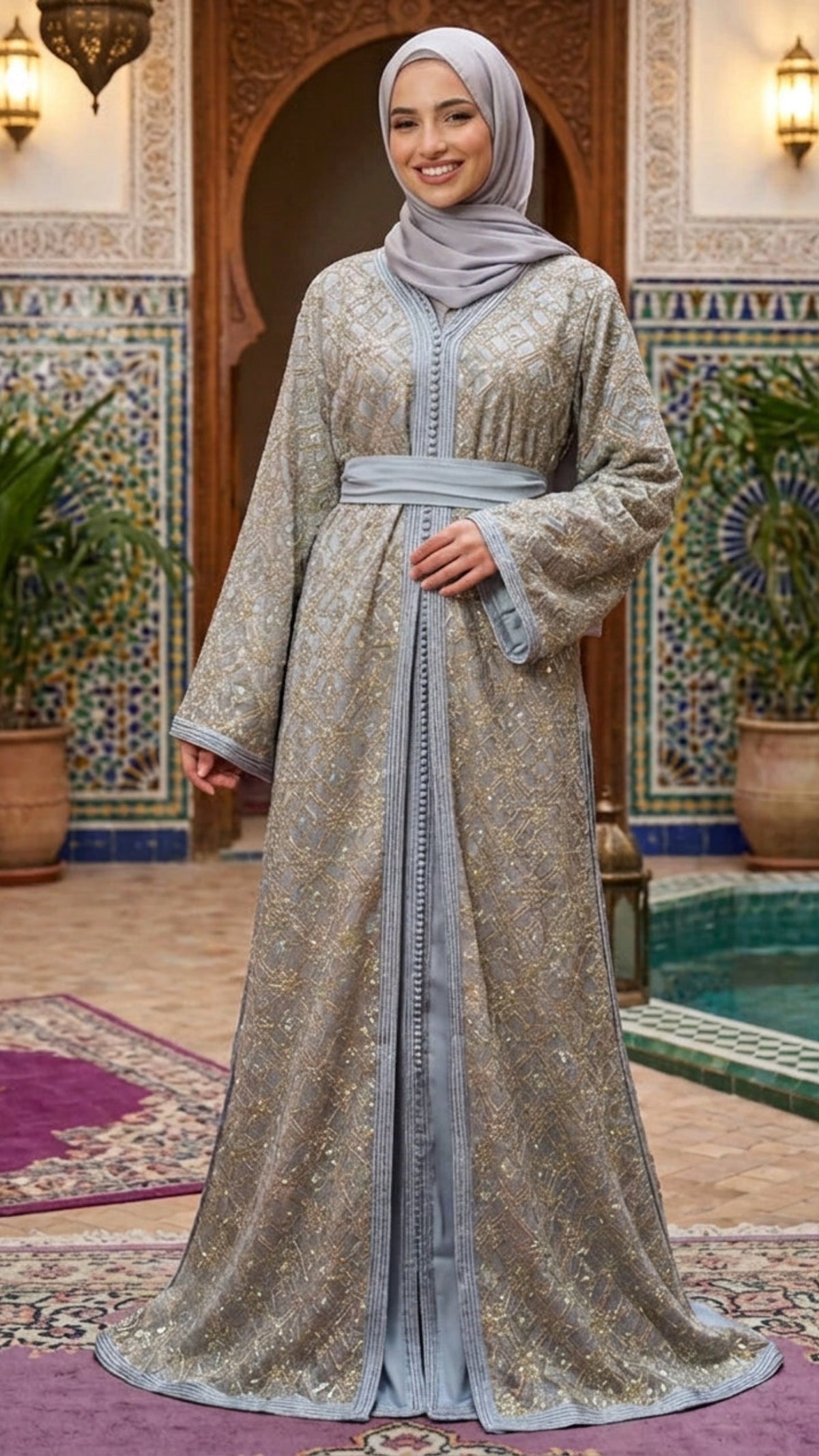 Traditional Majestic Mist Embroidered Moroccan Takchita