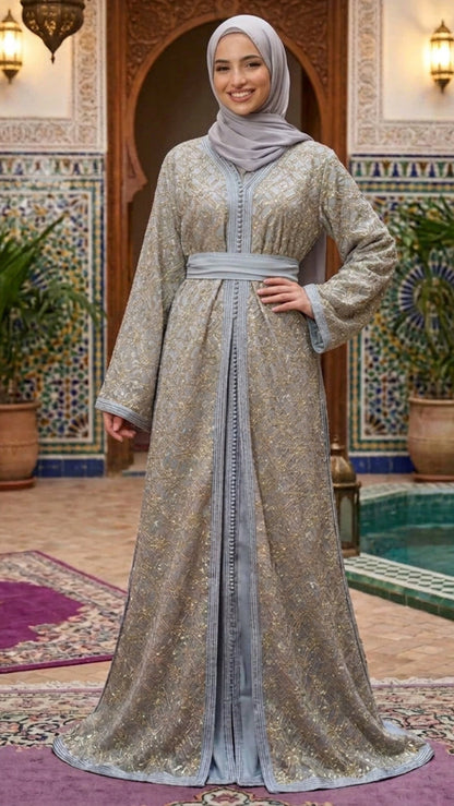 Traditional Majestic Mist Embroidered Moroccan Takchita