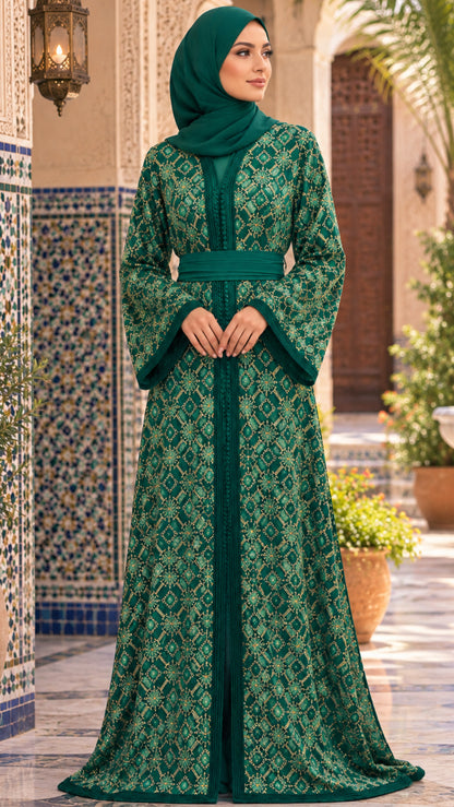 Traditional Emerald Embroidered Moroccan Takchita