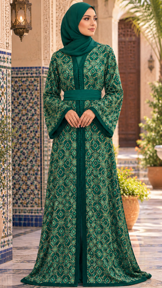 Traditional Emerald Embroidered Moroccan Takchita