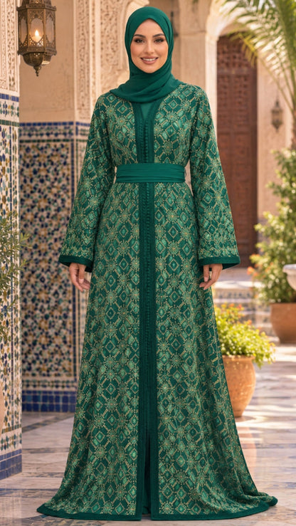 Traditional Emerald Embroidered Moroccan Takchita
